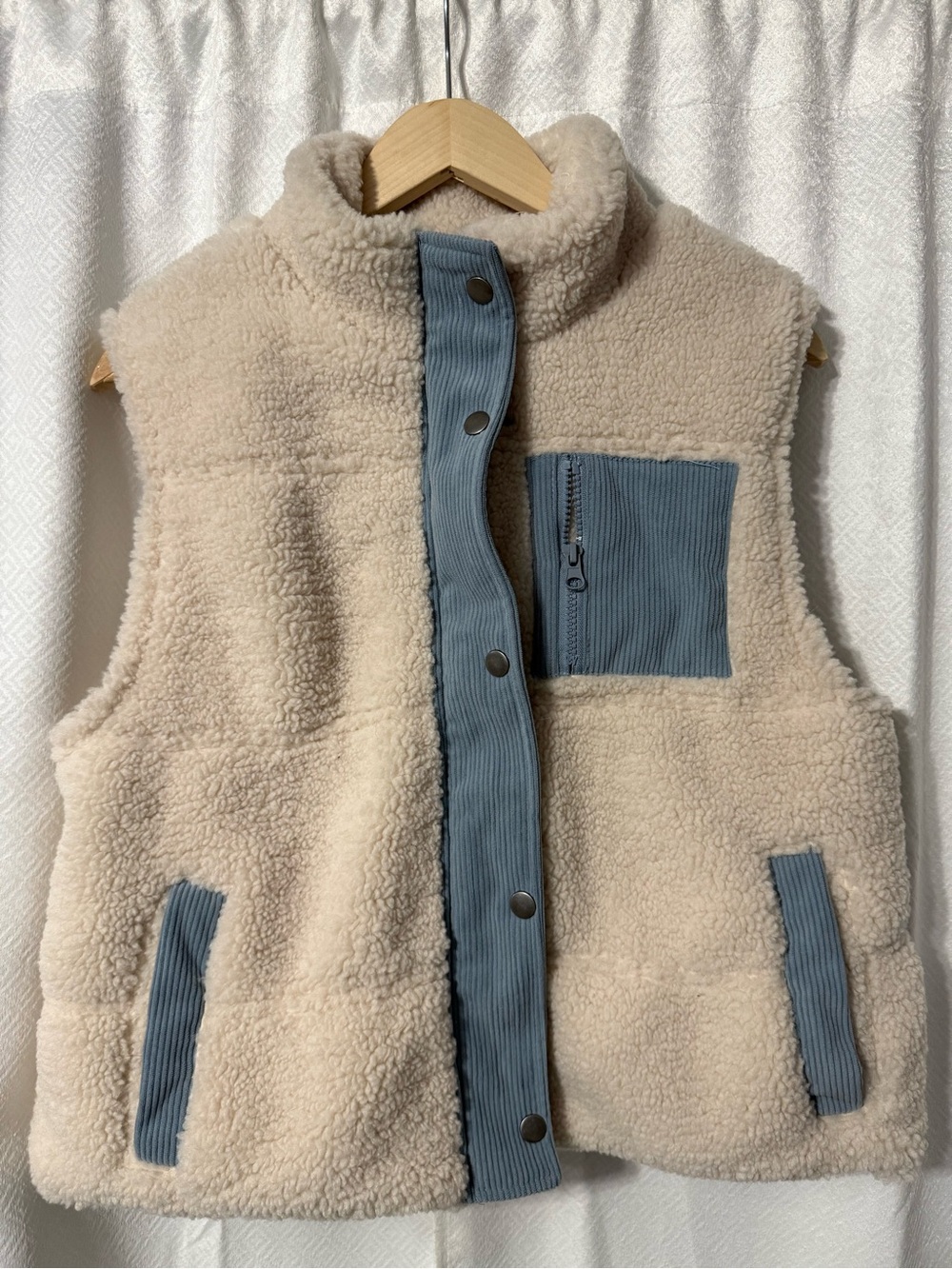 Thread & Supply Cream Sherpa Vest with Blue Trim